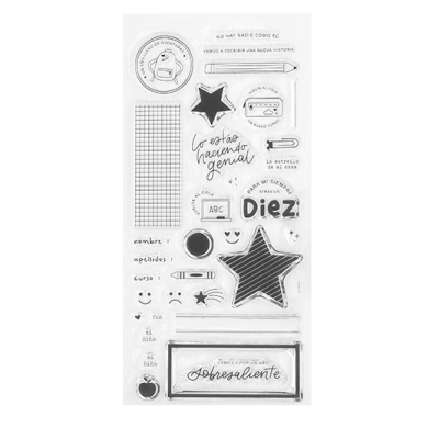 Conjunto de carimbos transparentes com desenhos e textos inspiradores em português e espanhol