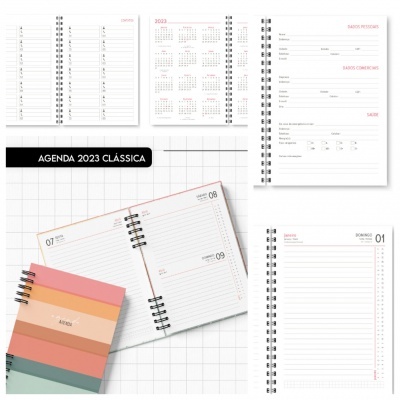 Agenda 2023 clássica com capa colorida e páginas internas com calendário e seções para saldos