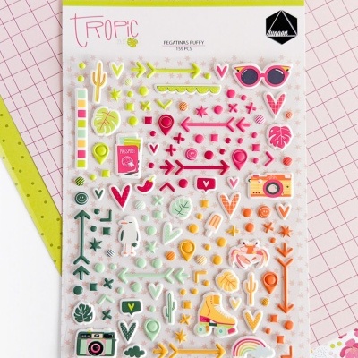 Pacote de autocolantes Puffy tropicais com vários desenhos coloridos