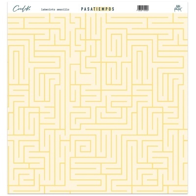 Papel decorativo amarelo com labirinto amarelo claro e texto de marca
