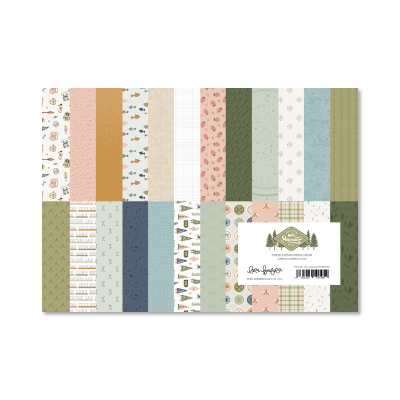 Conjunto de papéis decorativos com padrões variados e etiqueta Simple Stories