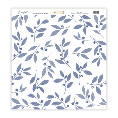 Papel decorativo com padrão azul de raminhos de oliveira sobre fundo branco