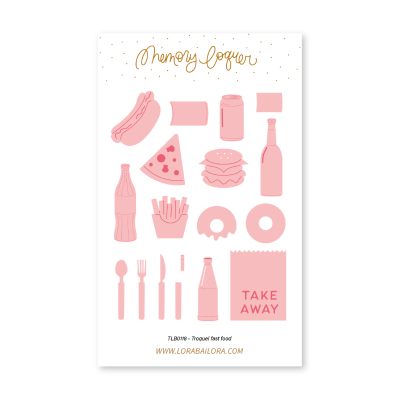 Cartaz ilustrado de fast food com hot dog, pizza, hambúrguer, batatas fritas, donuts, bebidas e texto 'Memory Logger' e 'TAKE AWAY'