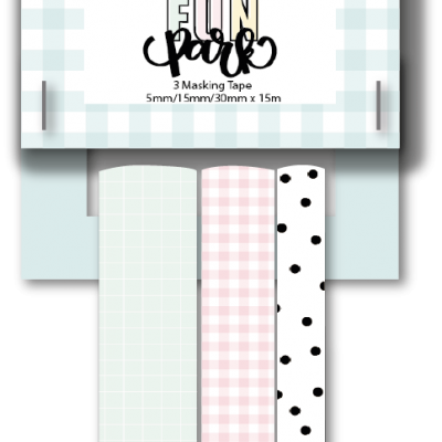 Três rolos de fita adesiva decorativa em padrões pastel com embalagem azul claro