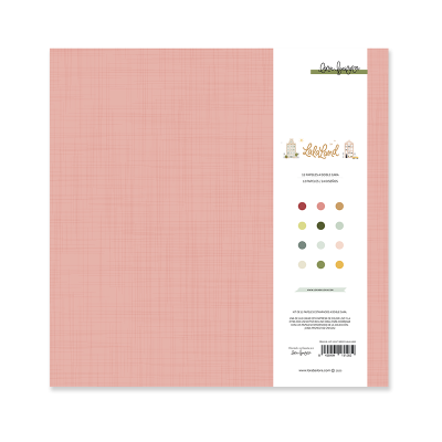 Papel para scrapbook rosa claro com padrão quadriculado e faixa com texto e cores ao lado