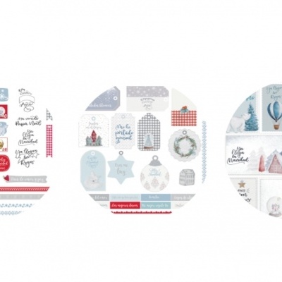 Etiquetas de Natal em tons azul, branco, vermelho e cinzento com temas festivos