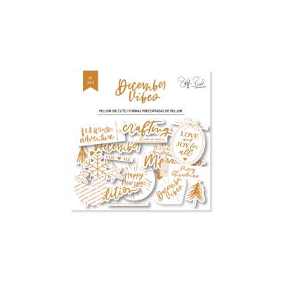 Conjunto de recortes decorativos dourados e brancos com temas de inverno em embalagem branca.