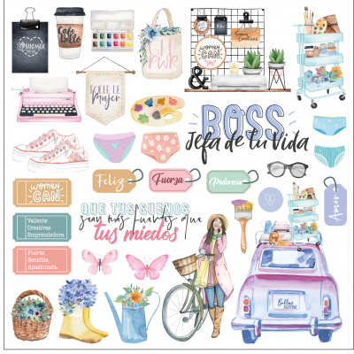 Objetos desenhados coloridos relacionados a arte, motivação e estilo de vida