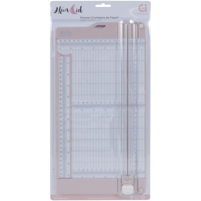 Cortador de papel AluaCid com base transparente e régua, em embalagem de plástico.
