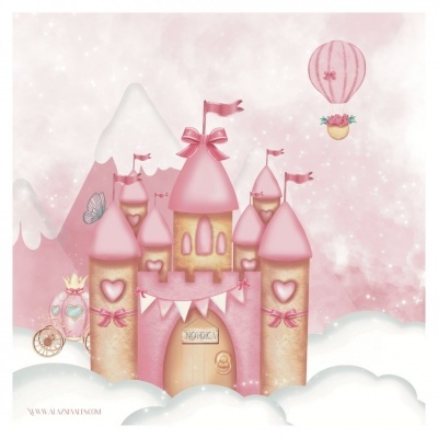 Ilustração de castelo rosa com torres e balão em cenário de montanhas e nuvens