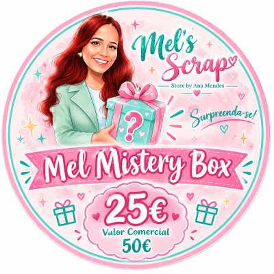 Ilustração de mulher com presente e texto promocional Mels Scrap Mel Mistery Box 25€ valor comercial 50€