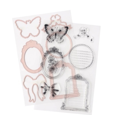 Carimbos transparentes com desenhos de borboletas, molduras, flores e linhas para escrita