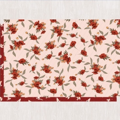 Tapete decorativo com padrão floral vermelho e rosa em fundo rosa claro com borda vermelha
