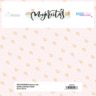 Papel decorativo floral em tons rosa claro com texto e código de barras