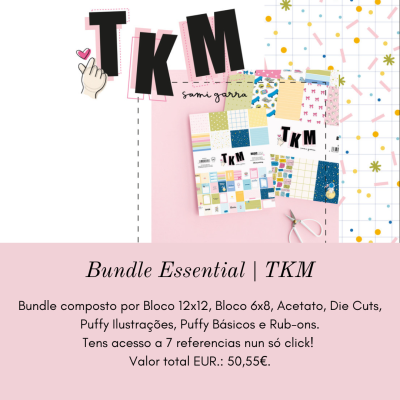 Kit Bundle Essential TKM com blocos de papel e acessórios para artesanato sobre mesa rosa