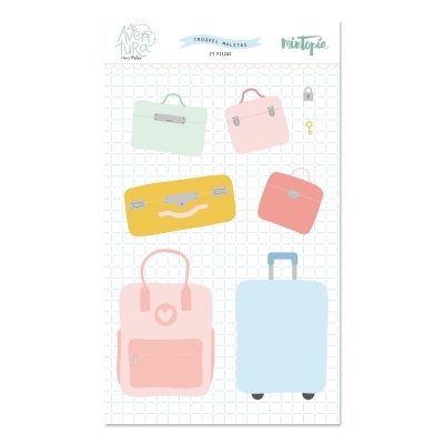 Autocolantes de malas coloridas com fundo de grade azul