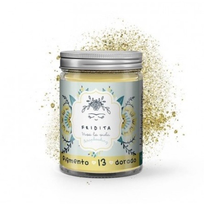 Frasco de pigmento dourado FRIDITA com tampa metálica e etiqueta floral