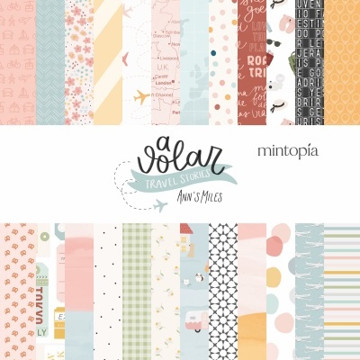 Papéis decorativos coloridos com padrões diversos e texto a volar TRAVEL STORIES ANNSMILES mintopía