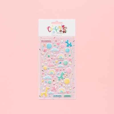 Pacote de autocolantes 3D com desenhos coloridos de balões, arco-íris, flamingos e nuvens