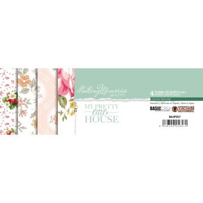 Papel decorativo para artesanato com padrões florais e texto 'Making Memories MY PRETTY little HOUSE Basic Crea'