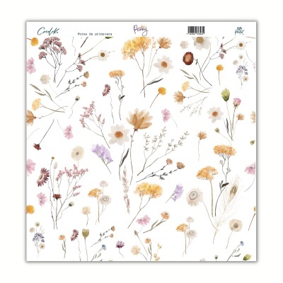 Papel de embrulho branco com padrão de flores secas coloridas e texto em inglês