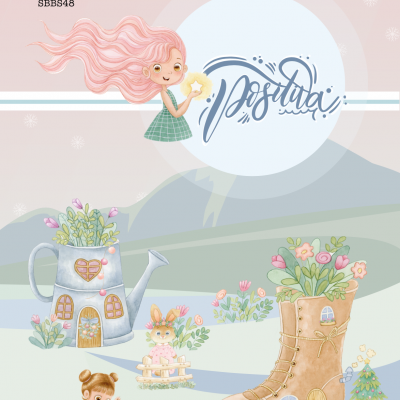 Ilustração infantil colorida de rapariga, bota casa e flores com texto Positiva