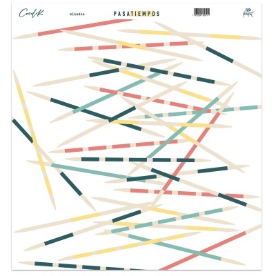 Jogo de pauzinhos Mikado coloridos em fundo branco com texto PASATIEMPOS