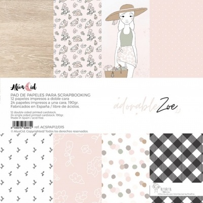 Conjunto de papéis para scrapbook com padrões variados em tons pastel e cinza.