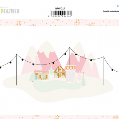 Ilustração de casas coloridas com montanhas e luzes penduradas num fundo branco com margem rosa e texto visível