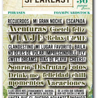 Embalagem com 36 frases adesivas para foam e cardstock SPEAKEASY com letras em várias cores e estilos.