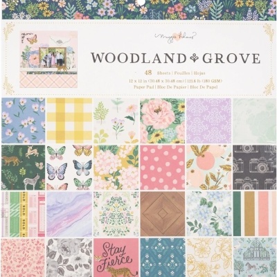 Bloco de papel decorativo WOODLAND GROVE com várias estampas florais, xadrez, bolinhas e texturas coloridas.
