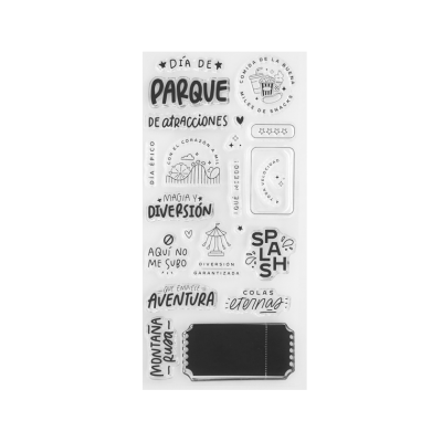 Conjunto de carimbos com frases e desenhos de parque de diversões em espanhol