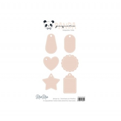 Conjunto de seis etiquetas recortadas de papel em tons pastel com formas variadas e pequeno orifício