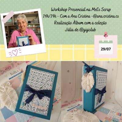 Álbum artesanal azul com padrão geométrico, fita azul e ornamento de pena branca na lombada