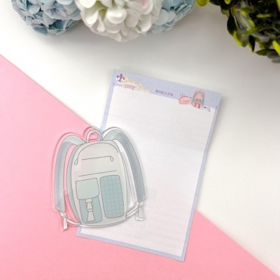 Estojo mochila cinzento e rosa com bloco de notas decorado