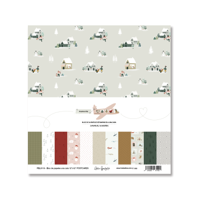 Bloco de papéis com padrões natalícios em tons suaves e imagens de casas e árvores de Natal