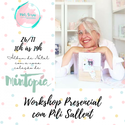 Mulher a sorrir segurando álbum decorado em ambiente branco, texto sobre workshop e coleção Mintopía