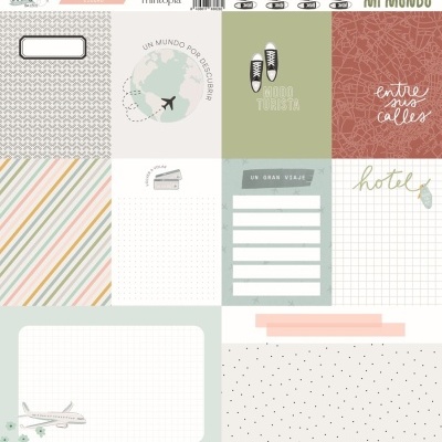 Papel decorativo para scrapbooking com temas de viagem e texto em espanhol