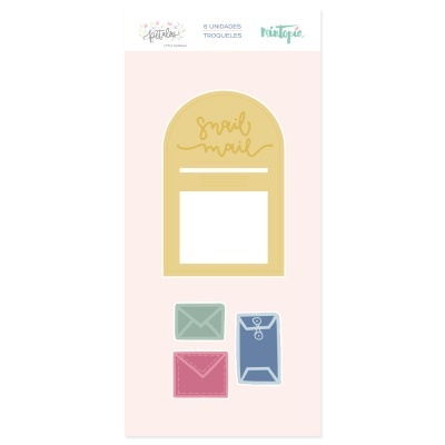 Autocolantes decorativos com envelopes e texto 'snail mail' em fundo rosa claro