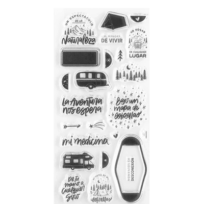 Carimbos transparentes com frases e desenhos de natureza e aventura