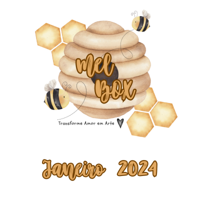 Ilustração de favo de mel, abelhas e texto promocional para Janeiro 2024