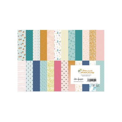 Folhas de papel decorativo com padrões variados e etiqueta 'Summer memories'