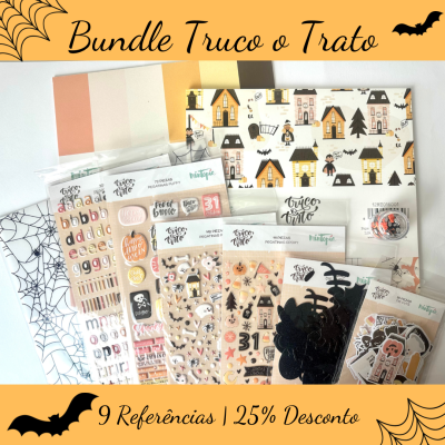 Conjunto de papelaria Halloween com autocolantes, papéis decorativos e recortes temas de Halloween.