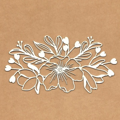 Elemento decorativo floral branco sobre fundo castanho