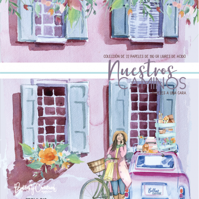 Ilustração em aquarela de mulher, bicicleta, carro e janelas em parede rosa com flores
