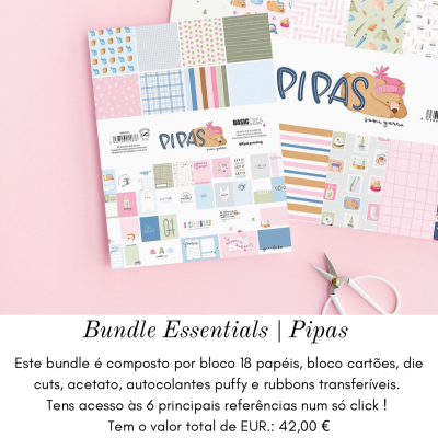 Conjunto de papelaria colorida PIPAS com padrões variados sobre fundo rosa