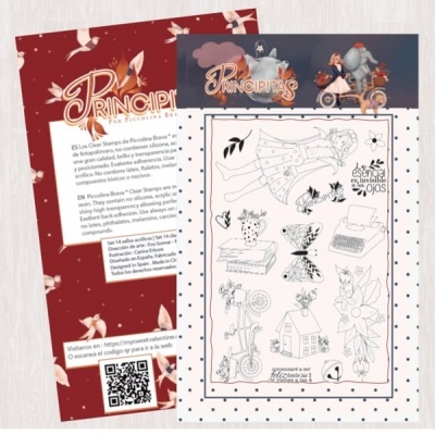 Folhas de carimbos de borracha PRINCIPITAS para colorir, uma colorida e uma com desenhos em preto e branco.