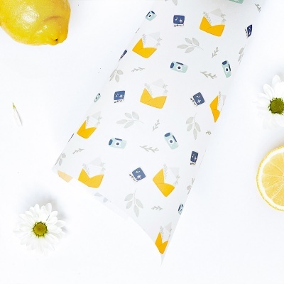 Rolo de papel branco com padrão colorido de embalagens e elementos naturais ao redor