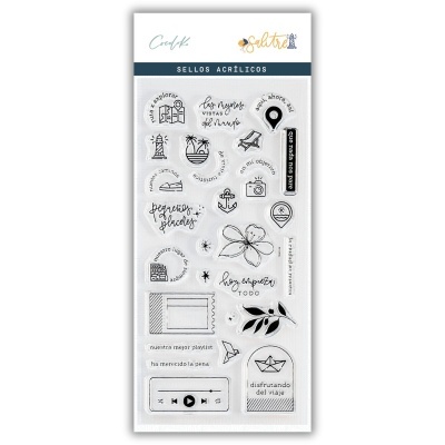 Conjunto de selos acrílicos pequenos com design de viagem e natureza em embalagem branca