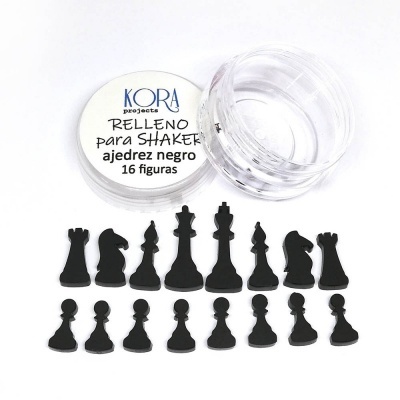 Miniaturas pretas em forma de peças de xadrez para shaker com embalagem e rótulo